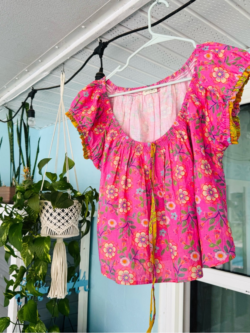 NATURAL LIFE Hot Pink Floral Ruffle Peasant Blouse
